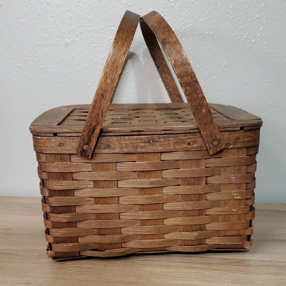 Peterboro Woven Top Wooden Picnic Basket with Handles Vintage Home Decor Antique